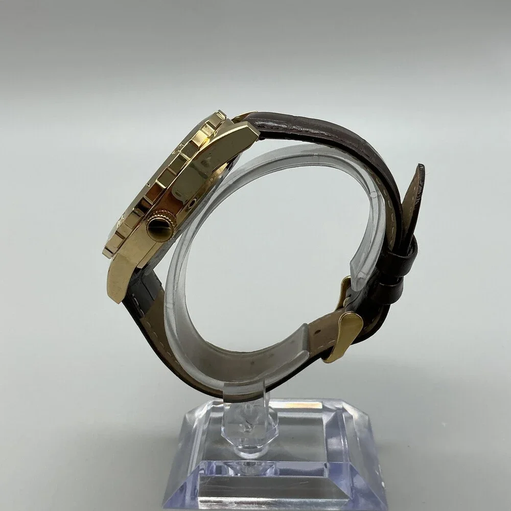 Badgley Mischka Mens Watch 44mm Brown Dial Date Gold Tone Leather Band
